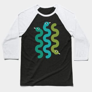Squiggly Snakes on Teal Green – Retro 70s Wavy Snake Pattern Baseball T-Shirt